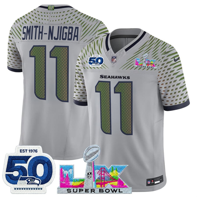 Men's Seattle Seahawks #11 Jaxon Smith-Njigba Grey 2026 F.U.S.E. Super Bowl LX Patch And 50th Season Patch “Rivalries” Vapor Limited Stitched Football Jersey