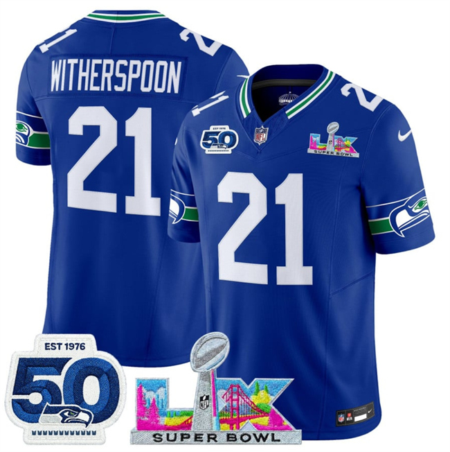 Men's Seattle Seahawks #21 Devon Witherspoon Royal 2026 F.U.S.E. Super Bowl LX Patch And 50th Season Patch Vapor Throwback Limited Stitched Football Jersey
