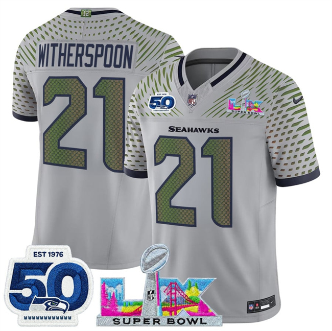 Men's Seattle Seahawks #21 Devon Witherspoon Grey 2026 F.U.S.E. Super Bowl LX Patch And 50th Season Patch “Rivalries” Vapor Limited Stitched Football Jersey
