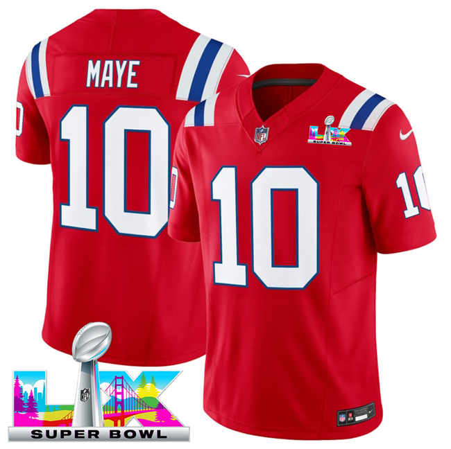 Men's New England Patriots #10 Drake Maye Red 2026 F.U.S.E. Super Bowl LX Patch Vapor Limited Stitched Football Jersey