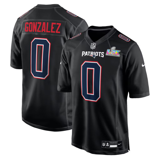 Men's New England Patriots #0 Christian Gonzalez Black 2026 Super Bowl LX Patch Carbon Fashion Stitched Game Jersey