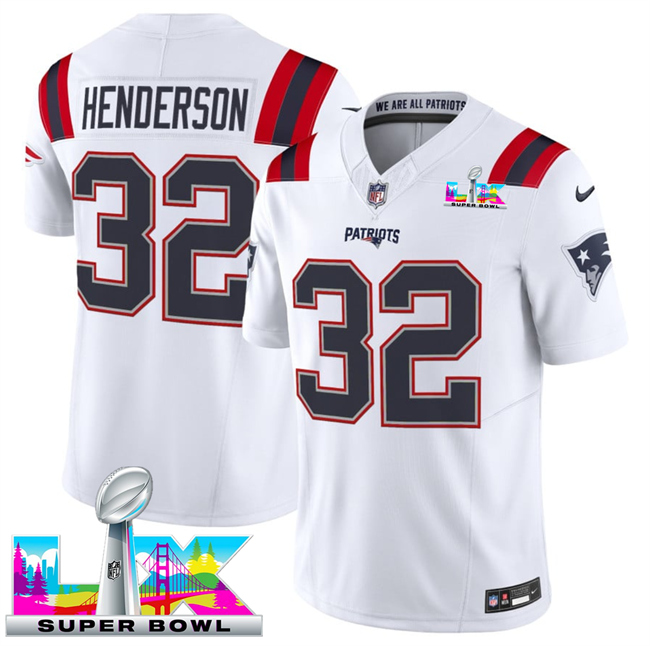 Men's New England Patriots #32 TreVeyon Henderson White 2026 F.U.S.E. Super Bowl LX Patch Vapor Limited Stitched Football Jersey