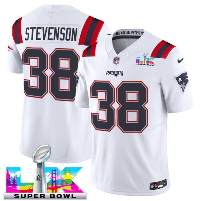 Men's New England Patriots #38 Rhamondre Stevenson White 2026 F.U.S.E. Super Bowl LX Patch Vapor Limited Stitched Football Jersey