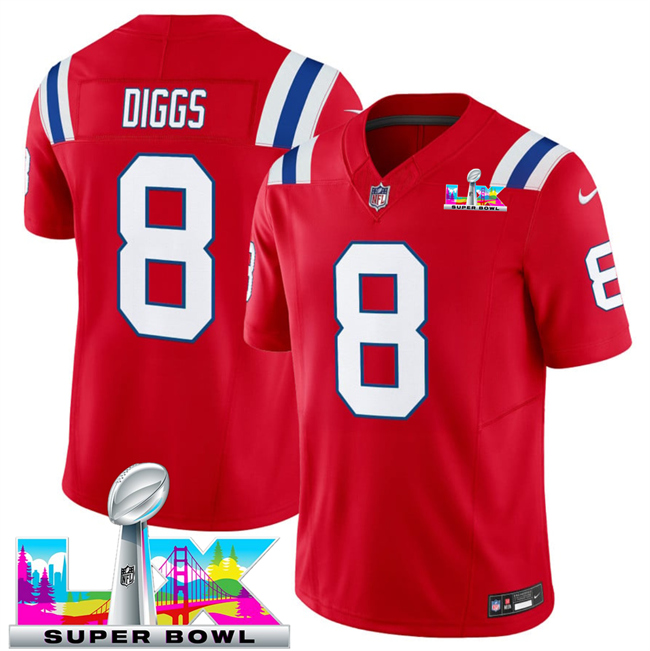 Men's New England Patriots #8 Stefon Diggs Red 2026 F.U.S.E. Super Bowl LX Patch Vapor Limited Stitched Football Jersey