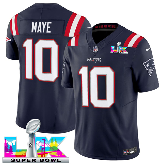 Men's New England Patriots #10 Drake Maye Navy 2026 F.U.S.E. Super Bowl LX Patch Vapor Limited Stitched Football Jersey