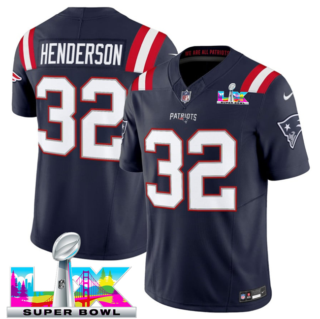 Men's New England Patriots #32 TreVeyon Henderson Navy 2026 F.U.S.E. Super Bowl LX Patch Vapor Limited Stitched Football Jersey