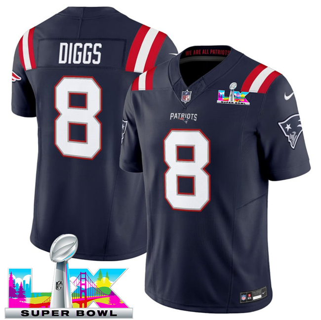 Men's New England Patriots #8 Stefon Diggs Navy 2026 F.U.S.E. Super Bowl LX Patch Vapor Limited Stitched Football Jersey