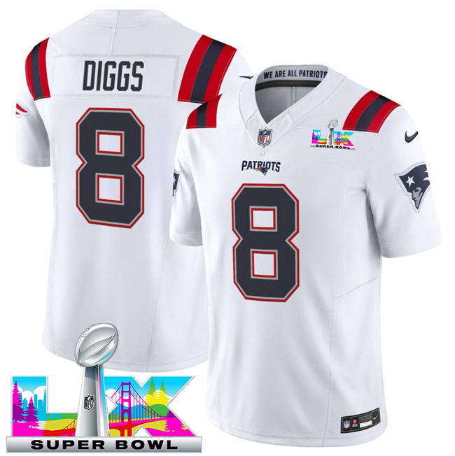 Men's New England Patriots #8 Stefon Diggs White 2026 F.U.S.E. Super Bowl LX Patch Vapor Limited Stitched Football Jersey