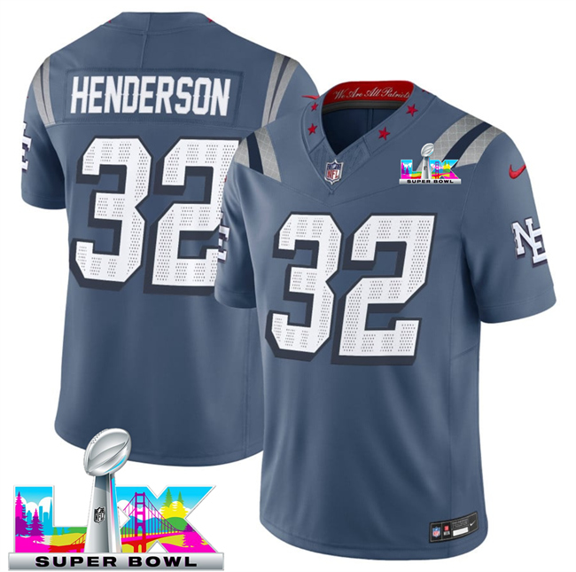 Men's New England Patriots #32 TreVeyon Henderson Storm Blue 2026 F.U.S.E. Super Bowl LX Patch “Rivalries” Vapor Limited Stitched Football Jersey