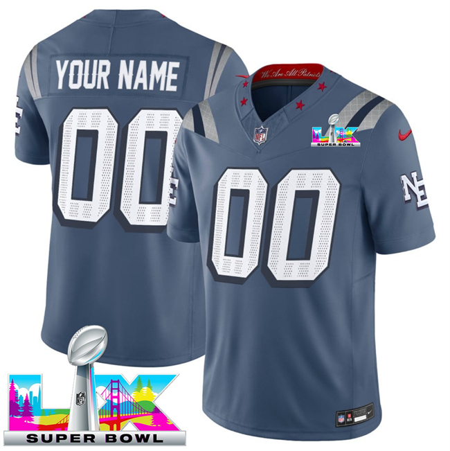Men's New England Patriots Active Player Custom Storm Blue 2026 F.U.S.E. Super Bowl LX Patch “Rivalries” Vapor Limited Stitched Football Jersey