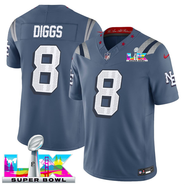 Men's New England Patriots #8 Stefon Diggs Storm Blue 2026 F.U.S.E. Super Bowl LX Patch “Rivalries” Vapor Limited Stitched Football Jersey