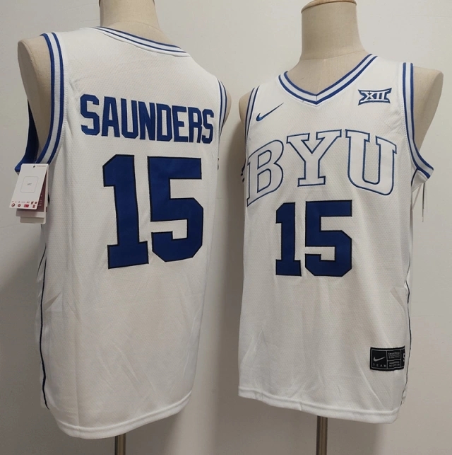 Men's NCAA BYU Cougars #15 Richie Saunders White College Basketball Stitched Jersey.webp