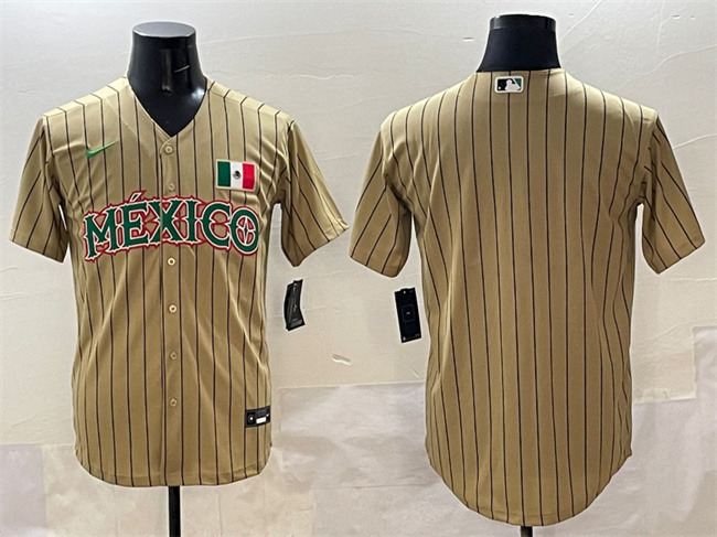 Men's Mexico Baseball Blank Tan 2023 World Baseball Classic Stitched Jersey