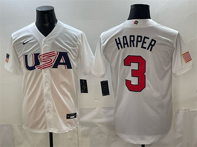 Men's USA Baseball #3 Bryce Harper White World Baseball Classic Stitched Jersey