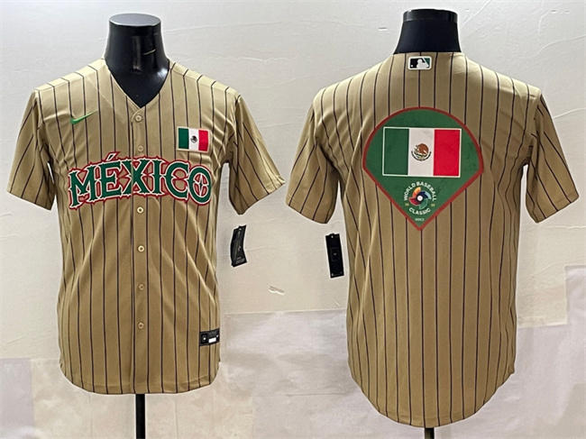 Men's Mexico Baseball Tan  World Baseball Classic Team Big Logo Stitched  Jersey