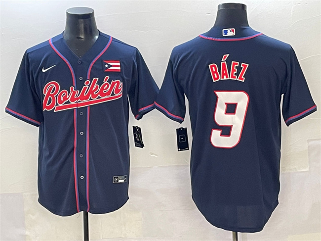 Men's Puerto Rico Baseball #9 Javier Báez Navy 2023 World Baseball Classic Stitched Jersey
