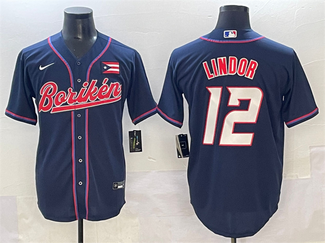 Men's Puerto Rico Baseball #12 Francisco Lindor Navy 2023 World Baseball Classic Stitched Jersey