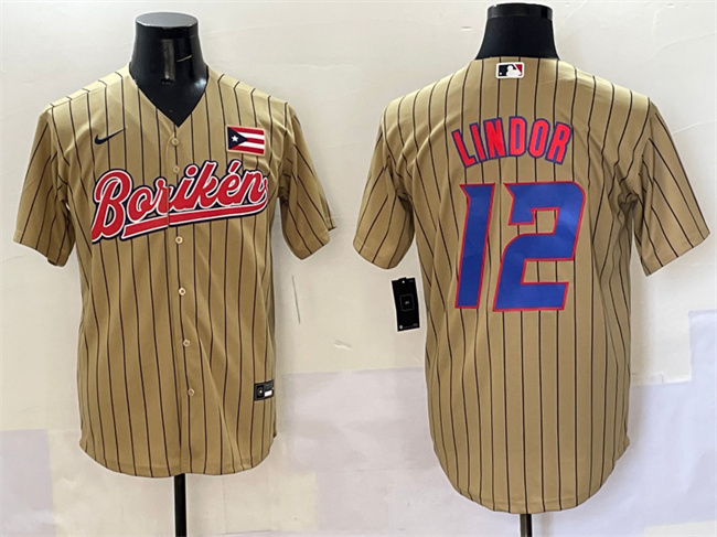 Men's Puerto Rico Baseball #12 Francisco Lindor Tan 2023 World Baseball Classic Stitched Jersey