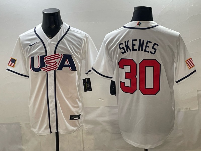 Men's USA Baseball #30 Paul Skenes White 2026 World Baseball Classic Home Stadium Stitched Jersey