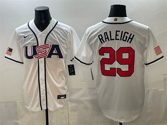 Men's USA Baseball #29 Cal Raleigh White 2026 World Baseball Classic Home Stadium Stitched Jersey