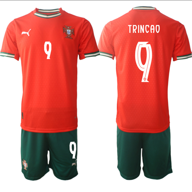 Men's Portugal Team #9 Trinc?o 2025 Red Home Soccer Jersey Suit