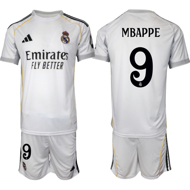 Men's Real Madrid #9 Kylian Mbappé 2026 White Home Soccer Jersey Suit