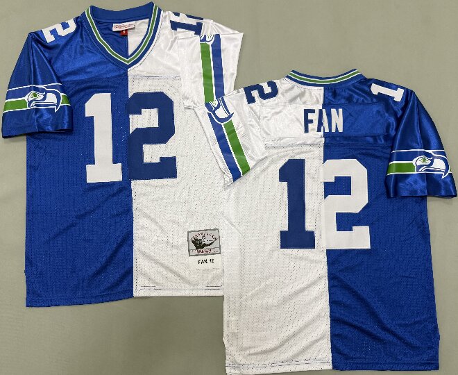 Men's Seattle Seahawks #12 Fan Royal White Split Two Tone Throwback Jersey