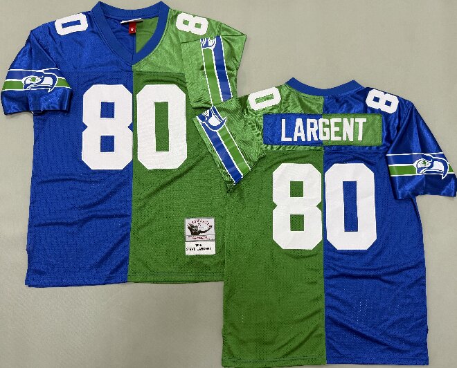 Men's Seattle Seahawks #80 Steve Largent 1985 Royal Green Split Two Tone Throwback Jersey
