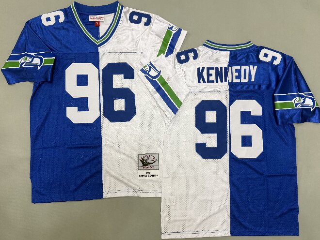 Men's Seattle Seahawks #96 Cortez Kennedy 1993 Royal White Split Two Tone Throwback Jersey