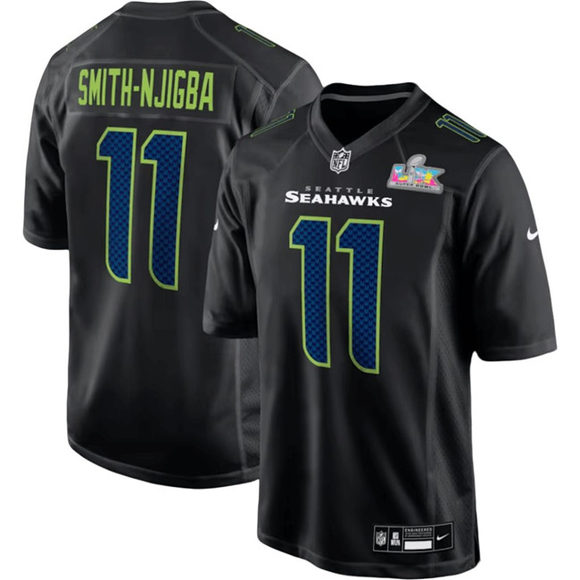 Men's Seattle Seahawks #11 Jaxon Smith-Njigba Black 2026 Super Bowl LX Patch Carbon Fashion Stitched Game Jersey