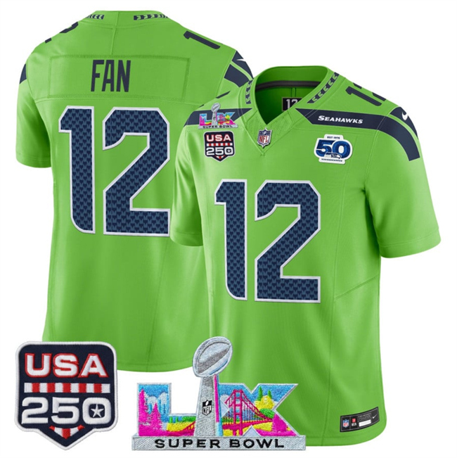 Men's Seattle Seahawks #12 Fan Green 2026 F.U.S.E. Super Bowl LX Patch And 50th Season & USA 250' Patch Vapor Limited Football Stitched Jersey