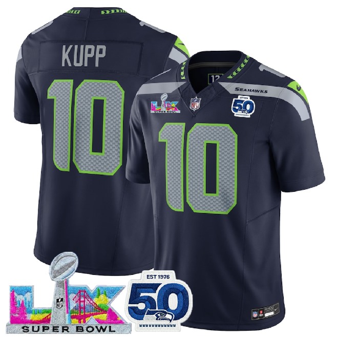 Men's Seattle Seahawks #10 Cooper Kupp Navy 2026 F.U.S.E. Super Bowl LX Patch And 50th Season Patch Vapor Limited Stitched Football Jersey