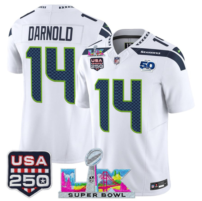 Men's Seattle Seahawks #14 Sam Darnold White 2026 F.U.S.E. Super Bowl LX Patch And 50th Season & USA 250' Patch Vapor Limited Football Stitched Jersey