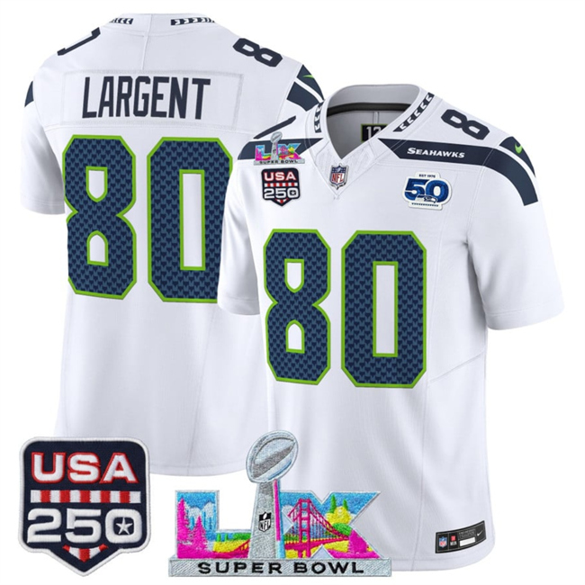 Men's Seattle Seahawks #80 Steve Largent White 2026 F.U.S.E. Super Bowl LX Patch And 50th Season & USA 250' Patch Vapor Limited Football Stitched Jersey