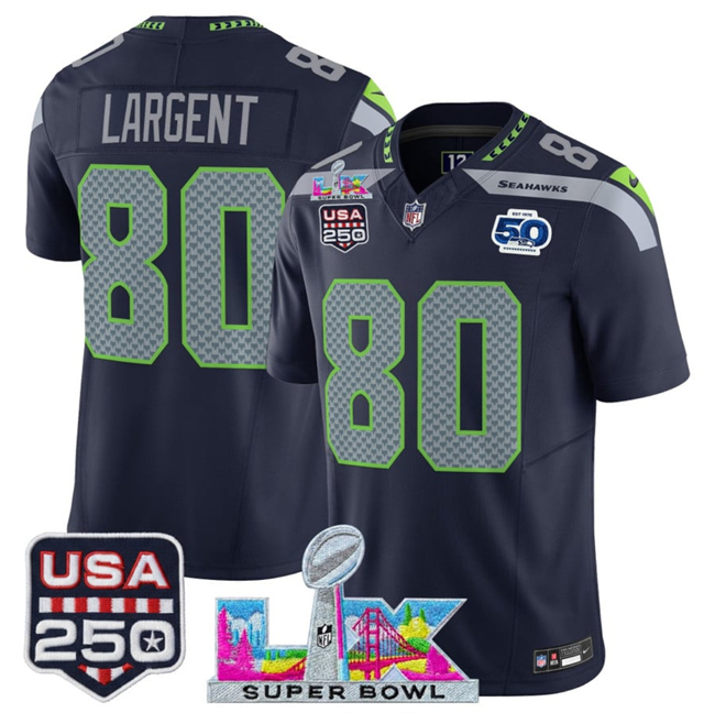Men's Seattle Seahawks #80 Steve Largent Navy 2026 F.U.S.E. Super Bowl LX Patch And 50th Season & USA 250' Patch Vapor Limited Football Stitched Jersey