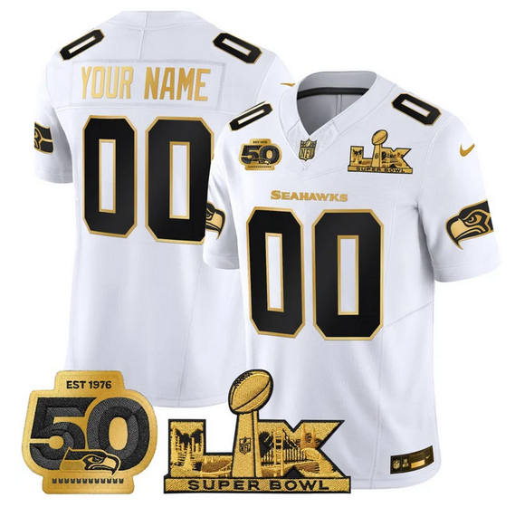 Men's Seattle Seahawks Active Player Custom White Gold 2026 F.U.S.E. Super Bowl LX Patch And 50th Season Patch Vapor Limited Stitched Football Jersey