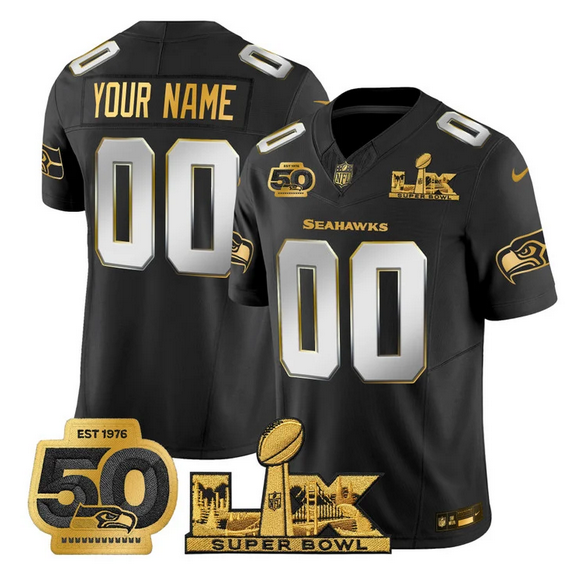 Men's Seattle Seahawks Active Player Custom Black 2026 F.U.S.E. Super Bowl LX Patch And 50th Season Patch Vapor Limited Stitched Football Jersey