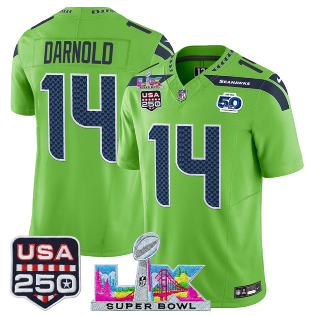 Men's Seattle Seahawks #14 Sam Darnold Green 2026 F.U.S.E. Super Bowl LX Patch And 50th Season & USA 250' Patch Vapor Limited Football Stitched Jersey