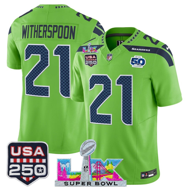 Men's Seattle Seahawks #21 Devon Witherspoon Green 2026 F.U.S.E. Super Bowl LX Patch And 50th Season & USA 250' Patch Vapor Limited Football Stitched Jersey