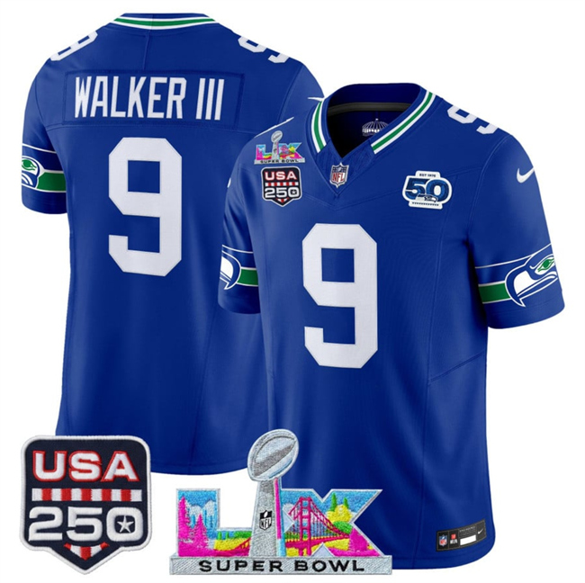 Men's Seattle Seahawks #9 Kenneth Walker III Royal 2026 F.U.S.E. Super Bowl LX Patch And 50th Season & USA 250' Patch Vapor Throwback Limited Stitched Football Jersey