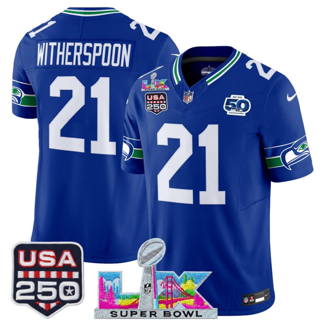 Men's Seattle Seahawks #21 Devon Witherspoon Royal 2026 F.U.S.E. Super Bowl LX Patch And 50th Season & USA 250' Patch Vapor Throwback Limited Stitched Football Jersey