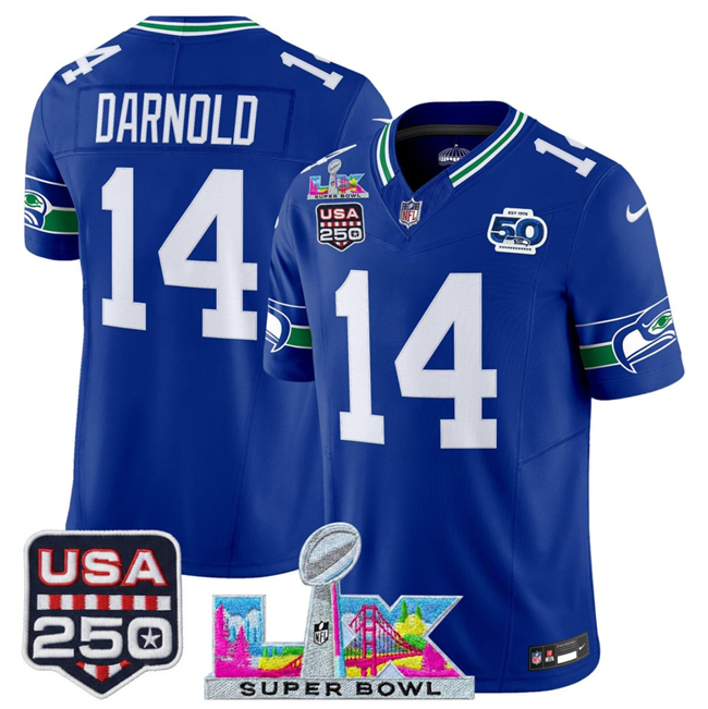 Men's Seattle Seahawks #14 Sam Darnold Royal 2026 F.U.S.E. Super Bowl LX Patch And 50th Season & USA 250' Patch Vapor Throwback Limited Stitched Football Jersey