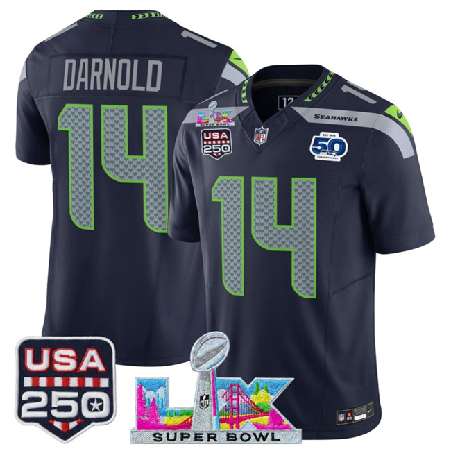 Men's Seattle Seahawks #14 Sam Darnold Navy 2026 F.U.S.E. Super Bowl LX Patch And 50th Season & USA 250' Patch Vapor Throwback Limited Stitched Football Jersey