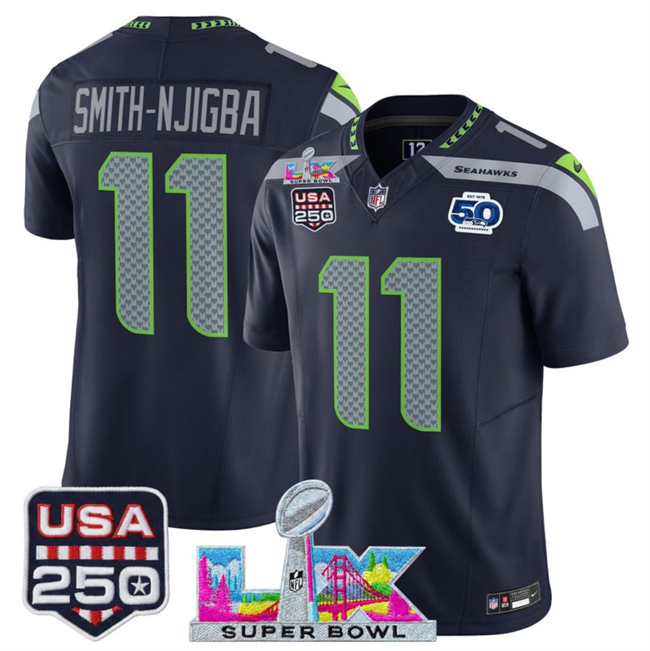 Men's Seattle Seahawks #11 Jaxon Smith-Njigba Navy 2026 F.U.S.E. Super Bowl LX Patch And 50th Season & USA 250' Patch Vapor Limited Football Stitched Jersey