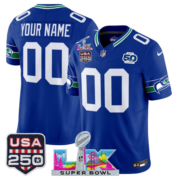 Men's Seattle Seahawks Active Player Custom Royal 2026 F.U.S.E. Super Bowl LX & US 250th Anniversary Patch And 50th Season Patch Vapor Throwback Limited Football Stitched Jersey