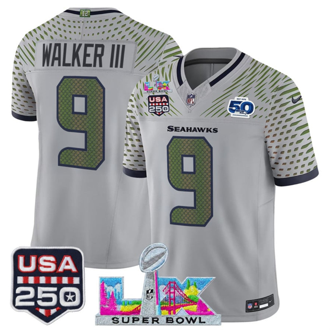 Men's Seattle Seahawks #9 Kenneth Walker III Gray 2026 F.U.S.E. Super Bowl LX & US 250th Anniversary Patch And 50th Season Patch “Rivalries” Vapor Limited Football Stitched Jersey