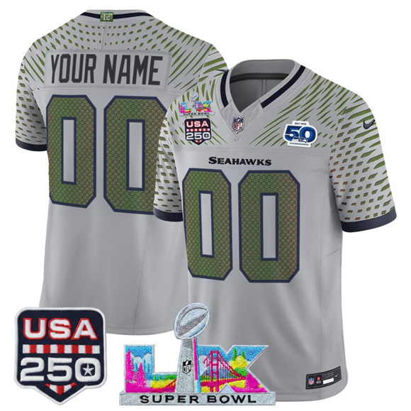 Men's Seattle Seahawks Active Player Custom Gray 2026 F.U.S.E. Super Bowl LX & US 250th Anniversary Patch And 50th Season Patch “Rivalries” Vapor Limited Football Stitched Jersey