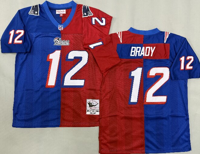 Men's New England Patriots #12 Tom Brady Royal&Red Split Legacy Replica Jersey
