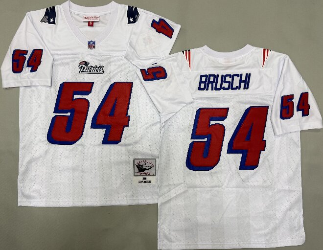 Men's New England Patriots #54 Tedy Bruschi White 1996 Mitchell & Ness Throwback Vintage Jersey