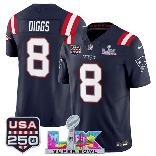 Men's New England Patriots #8 Stefon Diggs Navy 2026 F.U.S.E. Super Bowl LX Patch And USA 250' Patch Vapor Limited Football Stitched Jersey